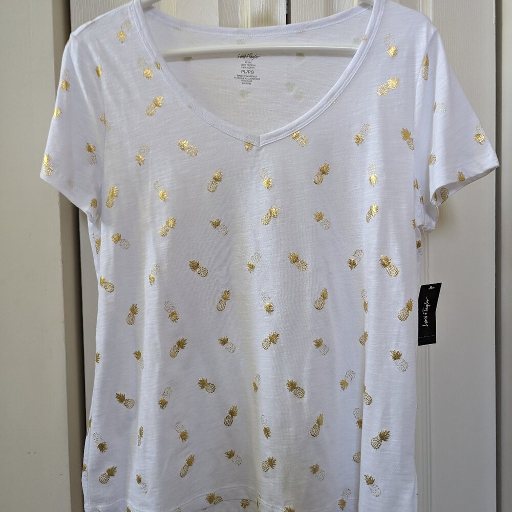 White T Shirt Golden Pineapple Print (both front abd back)  24" L  NWT